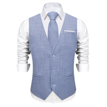 Light Blue Solid Jacquard V Neck Vest Neck Bow Tie Handkerchief Cufflinks Set
