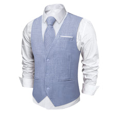 Light Blue Solid Jacquard V Neck Vest Neck Bow Tie Handkerchief Cufflinks Set