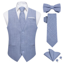 Light Blue Solid Jacquard V Neck Vest Neck Bow Tie Handkerchief Cufflinks Set