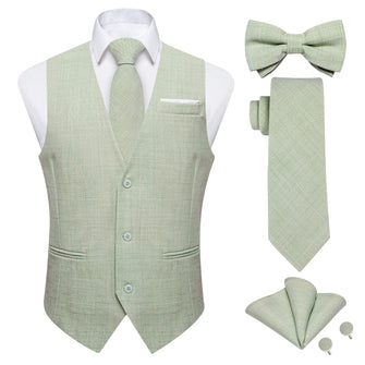 Green Solid V Neck Vest Neck Bow Tie Handkerchief Cufflinks Set