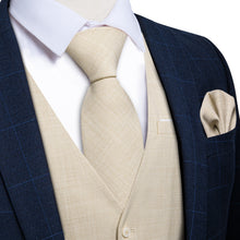 Khaki Solid Jacquard V Neck Vest Neck Bow Tie Handkerchief Cufflinks Set