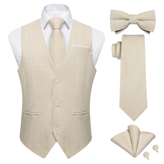 Khaki Solid Jacquard V Neck Vest Neck Bow Tie Handkerchief Cufflinks Set
