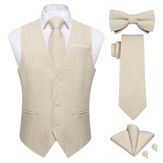 Khaki Solid Jacquard V Neck Vest Neck Bow Tie Handkerchief Cufflinks Set