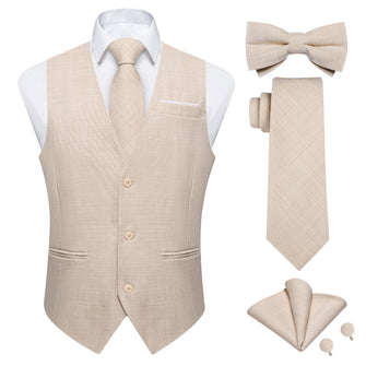 Khaki Solid Jacquard V Neck Vest Neck Bow Tie Handkerchief Cufflinks Set