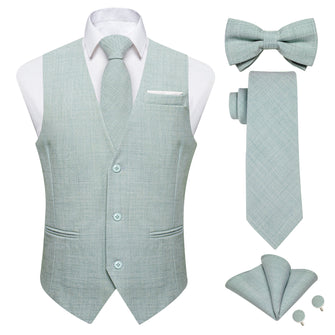 Light Green Solid Jacquard V Neck Vest Neck Bow Tie Handkerchief Cufflinks Set