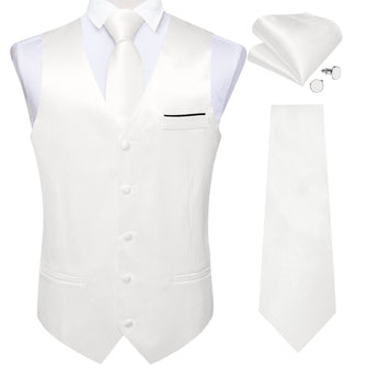 White Solid Satin Waistcoat Vest Tie Handkerchief Cufflinks Set