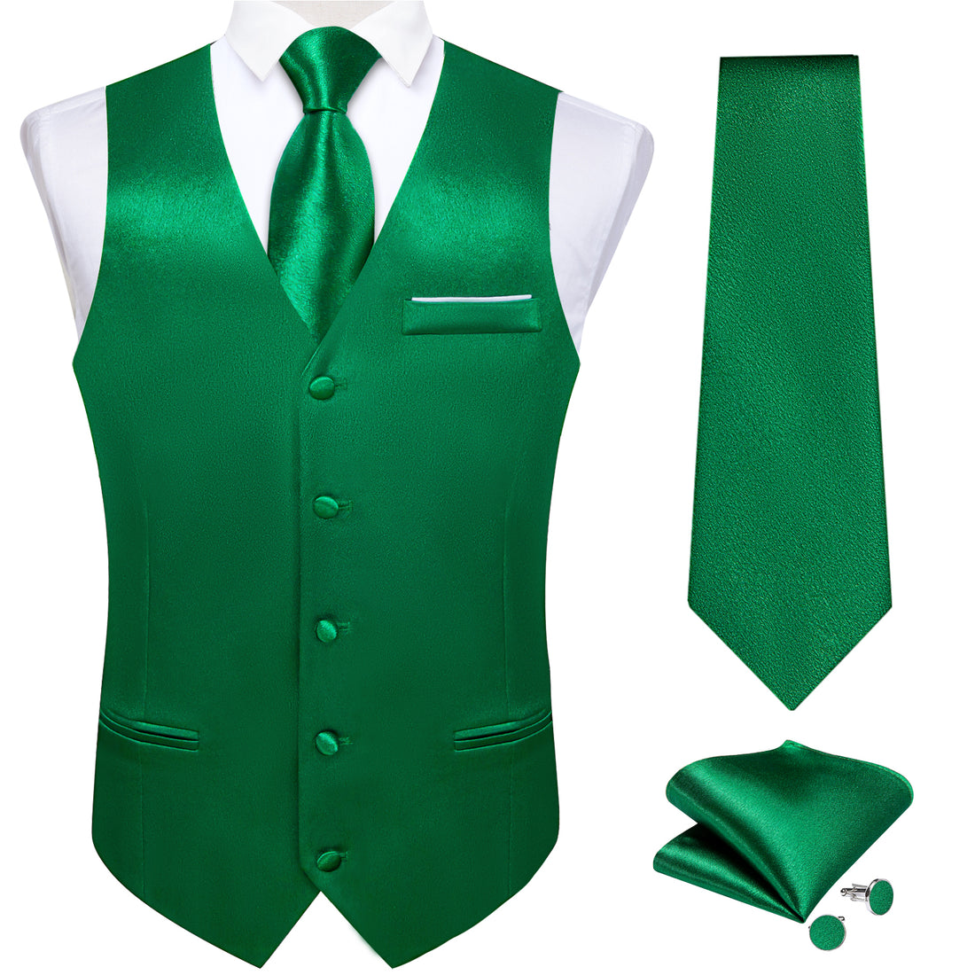 Green Solid Satin Waistcoat Vest Tie Handkerchief Cufflinks Set