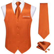 Orange Solid Satin Waistcoat Vest Tie Handkerchief Cufflinks Set