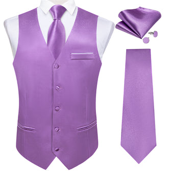 Purple Solid Satin Waistcoat Vest Tie Handkerchief Cufflinks Set