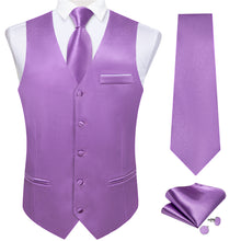 Purple Solid Satin Waistcoat Vest Tie Handkerchief Cufflinks Set