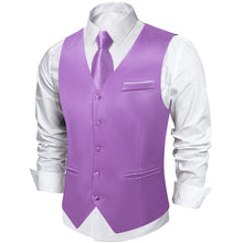 Purple Solid Satin Waistcoat Vest Tie Handkerchief Cufflinks Set