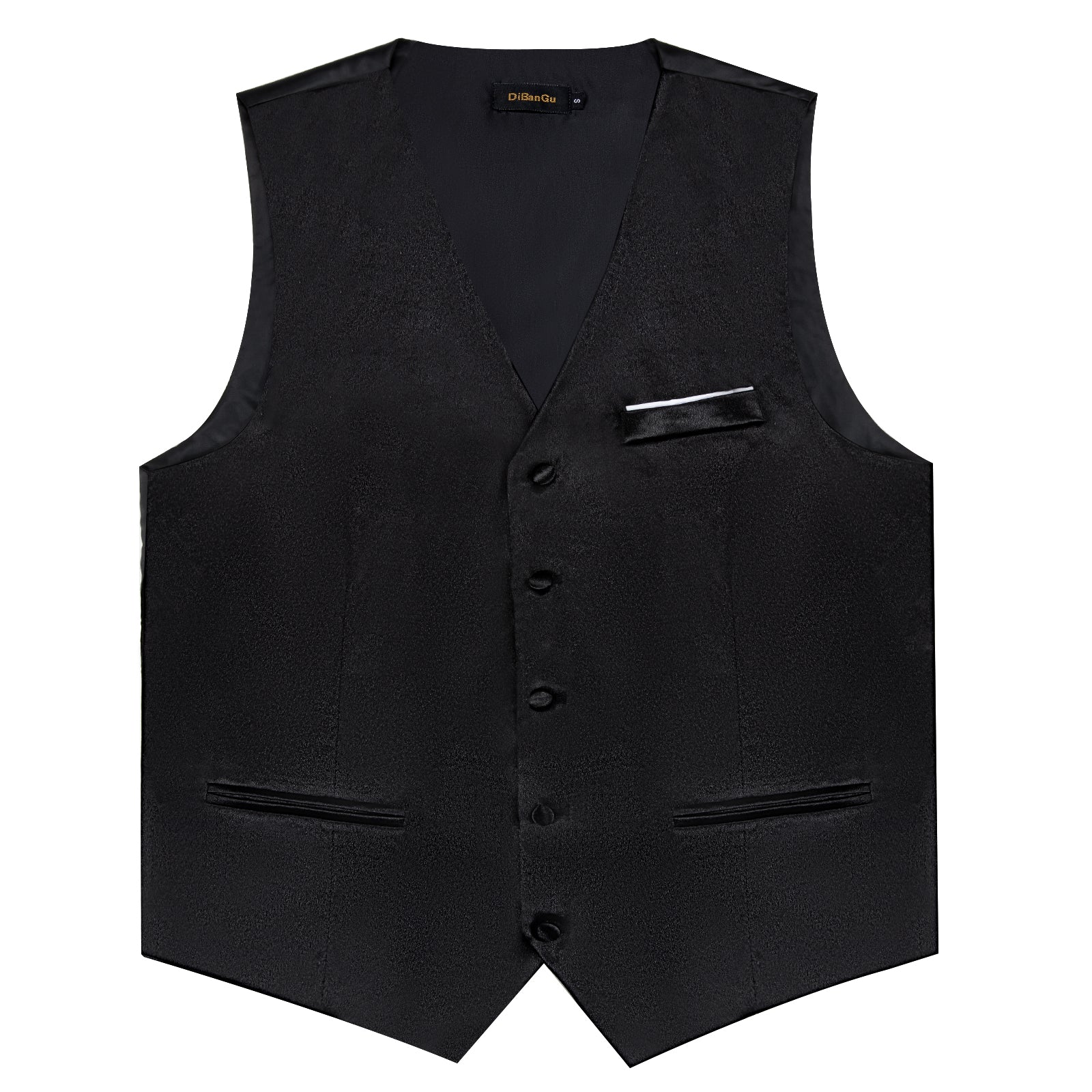 Black Solid Satin Waistcoat Vest Tie Handkerchief Cufflinks Set, M Black Solid Satin Waistcoat Vest Tie Handkerchief Cufflinks Set, M
