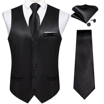 Black Solid Satin Waistcoat Vest Tie Handkerchief Cufflinks Set