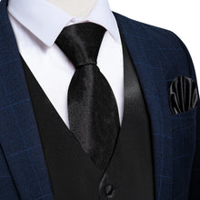 Black Solid Satin Waistcoat Vest Tie Handkerchief Cufflinks Set