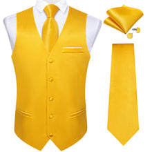 Yellow Solid Satin Waistcoat Vest Tie Handkerchief Cufflinks Set