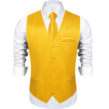 Yellow Solid Satin Waistcoat Vest Tie Handkerchief Cufflinks Set