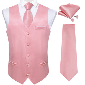 Pink Solid Satin Waistcoat Vest Tie Handkerchief Cufflinks Set