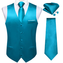 Light Blue Solid Satin Waistcoat Vest Tie Handkerchief Cufflinks Set