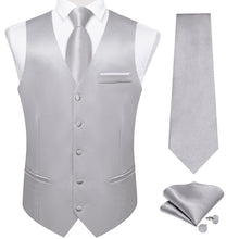 Grey Solid Satin Waistcoat Vest Tie Handkerchief Cufflinks Set