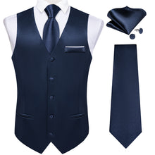 Dark Blue Solid Satin Waistcoat Vest Tie Handkerchief Cufflinks Set