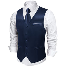 Dark Blue Solid Satin Waistcoat Vest Tie Handkerchief Cufflinks Set