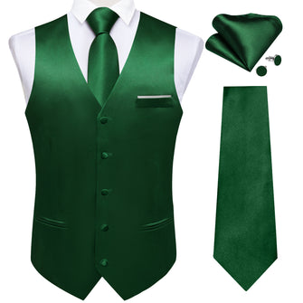 Green Solid Satin Waistcoat Vest Tie Handkerchief Cufflinks Set