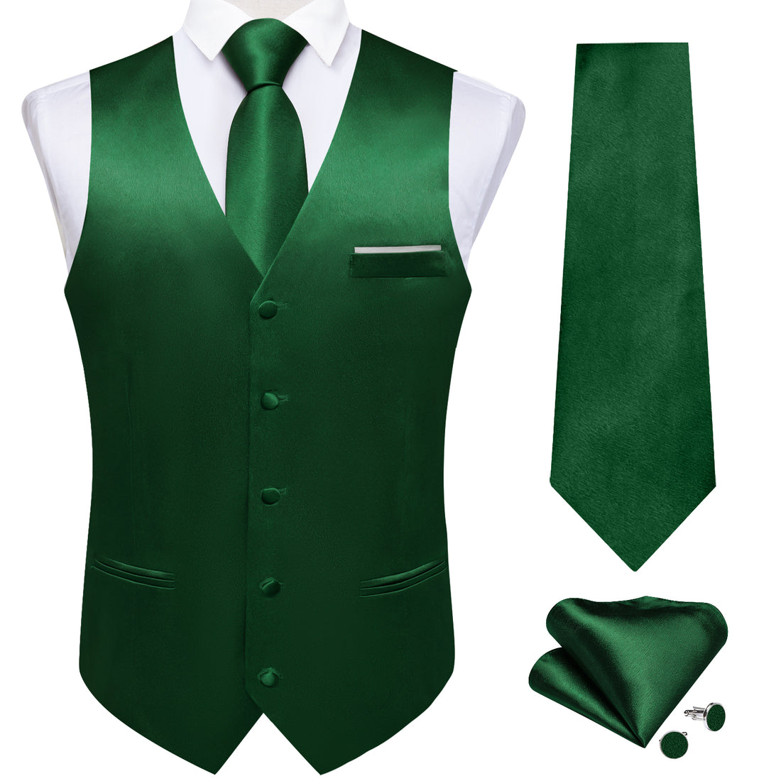 Green Solid Satin Waistcoat Vest Tie Handkerchief Cufflinks Set