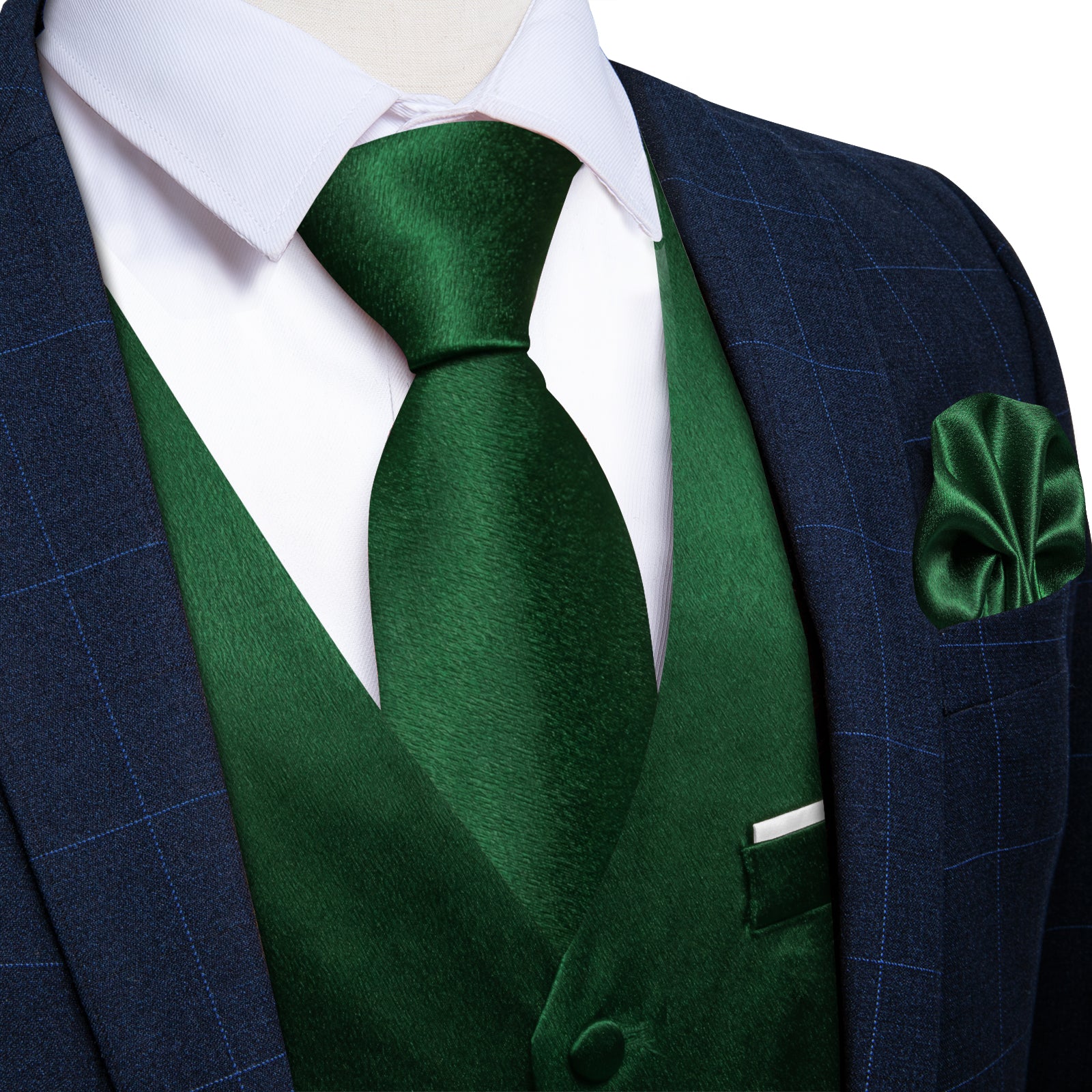 Green Solid Satin Waistcoat Vest Tie Handkerchief Cufflinks Set