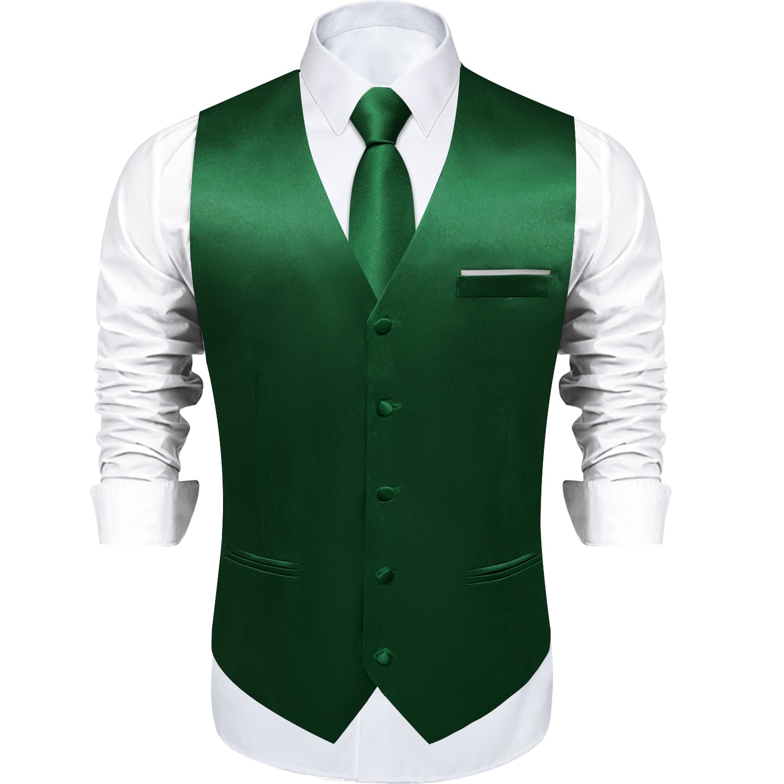Green Solid Satin Waistcoat Vest Tie Handkerchief Cufflinks Set
