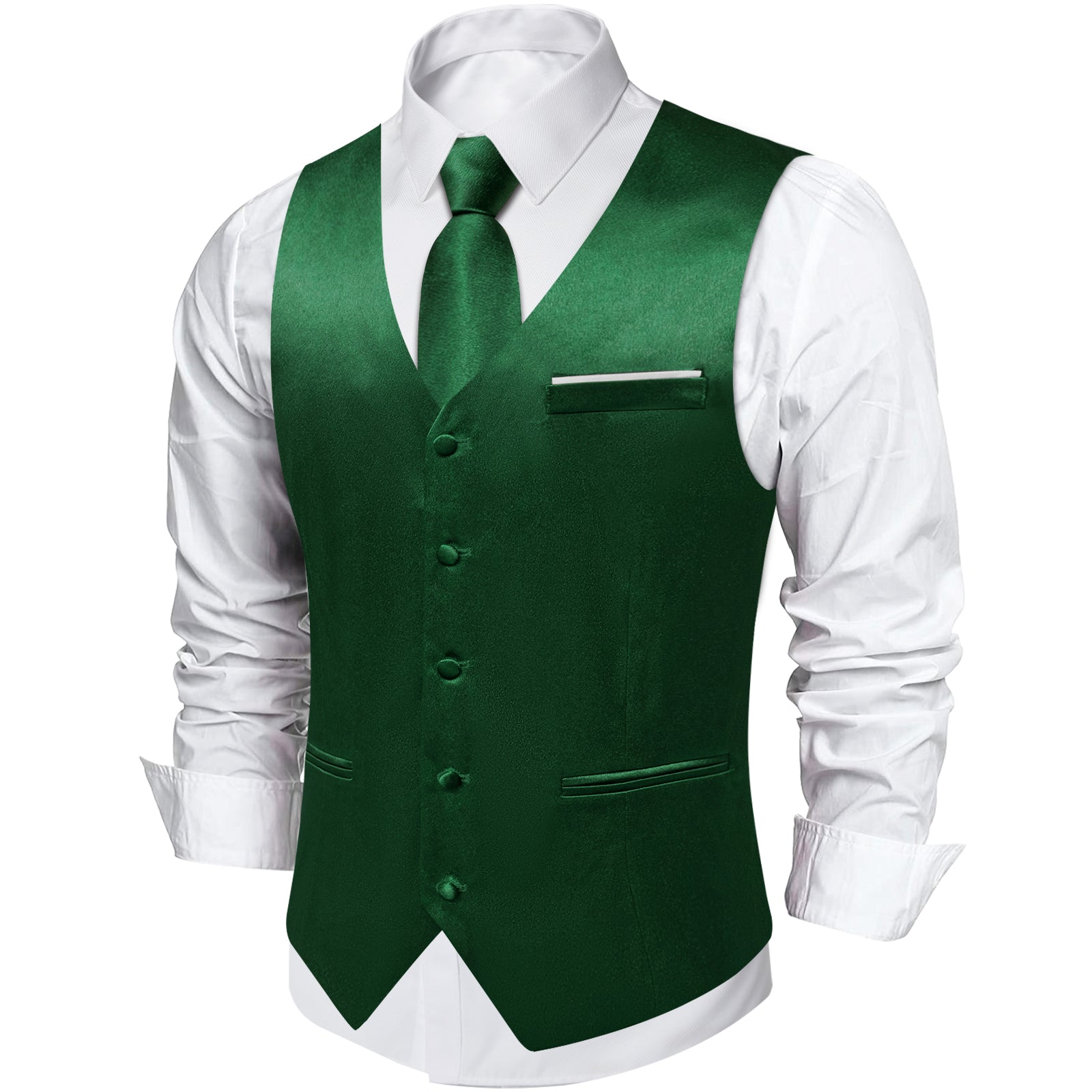 Green Solid Satin Waistcoat Vest Tie Handkerchief Cufflinks Set