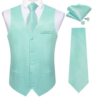 Cyan-Blue Solid Satin Waistcoat Vest Tie Handkerchief Cufflinks Set