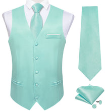 Cyan-Blue Solid Satin Waistcoat Vest Tie Handkerchief Cufflinks Set