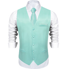 Cyan-Blue Solid Satin Waistcoat Vest Tie Handkerchief Cufflinks Set