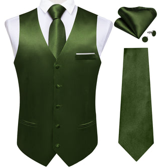 Green Solid Satin Waistcoat Vest Tie Handkerchief Cufflinks Set