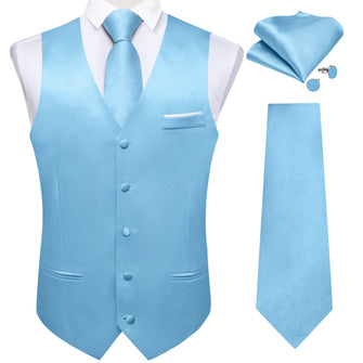 Sky Blue Solid Satin Waistcoat Vest Tie Handkerchief Cufflinks Set