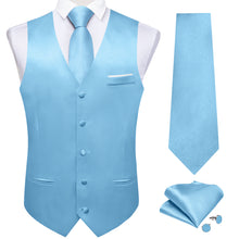 Sky Blue Solid Satin Waistcoat Vest Tie Handkerchief Cufflinks Set