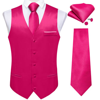 Red Solid Satin Waistcoat Vest Tie Handkerchief Cufflinks Set