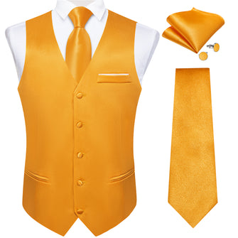 Yellow Solid Satin Waistcoat Vest Tie Handkerchief Cufflinks Set