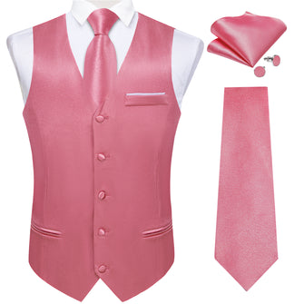 Pink Solid Satin Waistcoat Vest Tie Handkerchief Cufflinks Set