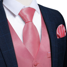 Pink Solid Satin Waistcoat Vest Tie Handkerchief Cufflinks Set