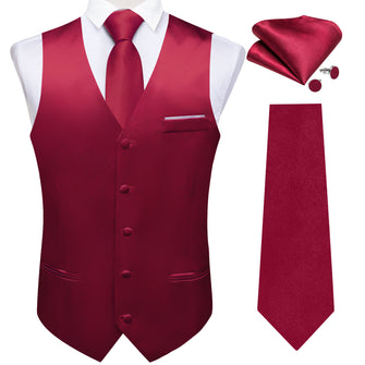 Red Solid Satin Waistcoat Vest Tie Handkerchief Cufflinks Set