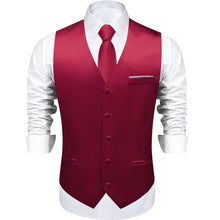 Red Solid Satin Waistcoat Vest Tie Handkerchief Cufflinks Set