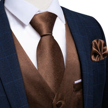 Brown Solid Satin Waistcoat Vest Tie Handkerchief Cufflinks Set