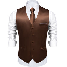 Brown Solid Satin Waistcoat Vest Tie Handkerchief Cufflinks Set