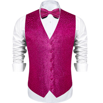 PIink Paisley Shiny Print Jacquard Silk Waistcoat Vest Bowtie Pocket Square Cufflinks Set
