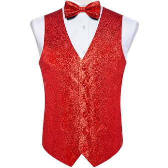 Red Paisley Shiny Print Jacquard Silk Waistcoat Vest Bowtie Pocket Square Cufflinks Set