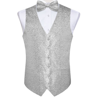 Grey White Paisley Shiny Print Jacquard Silk Waistcoat Vest Bowtie Pocket Square Cufflinks Set