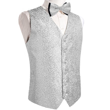 Grey White Paisley Shiny Print Jacquard Silk Waistcoat Vest Bowtie Pocket Square Cufflinks Set