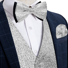 Grey White Paisley Shiny Print Jacquard Silk Waistcoat Vest Bowtie Pocket Square Cufflinks Set