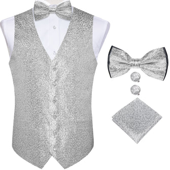 Silver Gray Waistcoat Bow Tie Set